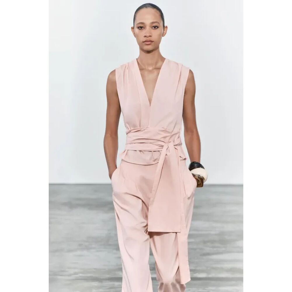 Pink Zara V-Neck Wrap Front Tie-Waist Sleeveless Blouse Top (NWT)